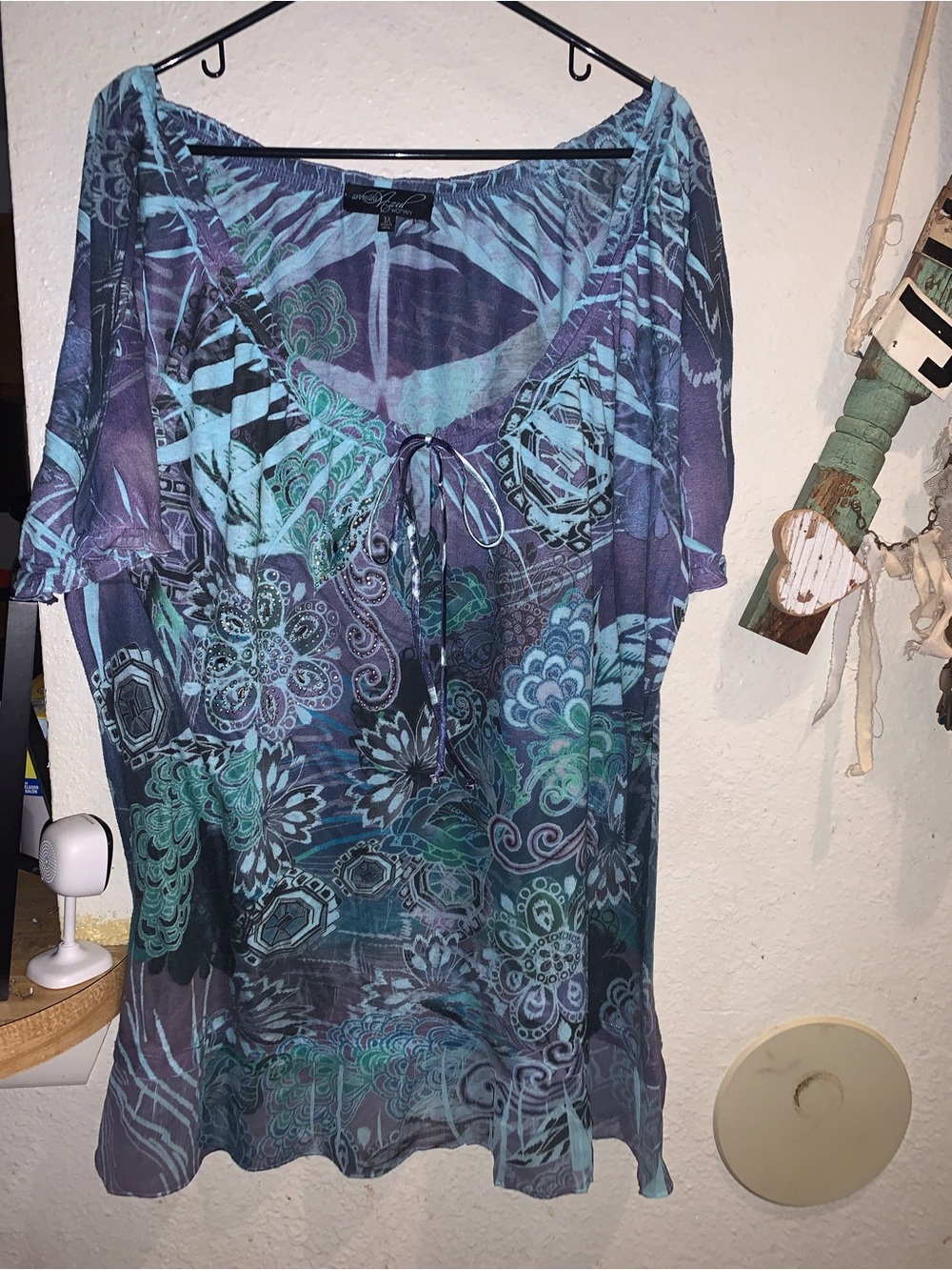 Boho Floral Tie-Front Blouse in Blue and Teal